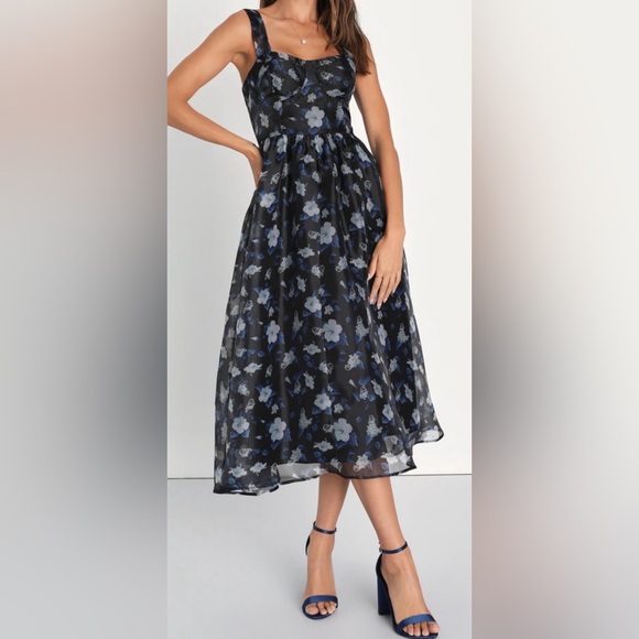 Lulus Dresses & Skirts - NWT Lulus Delightful Look Black Floral Print Bustier Midi Skater Dress Sz‎ XXL